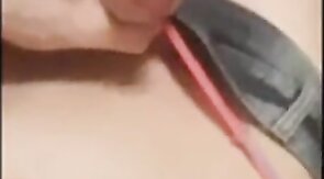 Stroking in tight jeans shorts