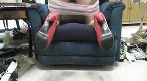 Pink panties, heels, garter, nude rht stockings, and cum.