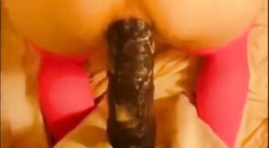 bitch in miniskirt and pink stockings riding her big dildo