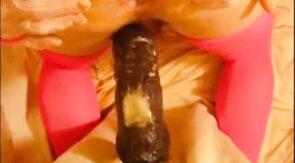 bitch in miniskirt and pink stockings riding her big dildo