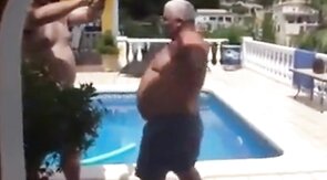 Fat Latin Daddy Strips Outdoors with His Bear